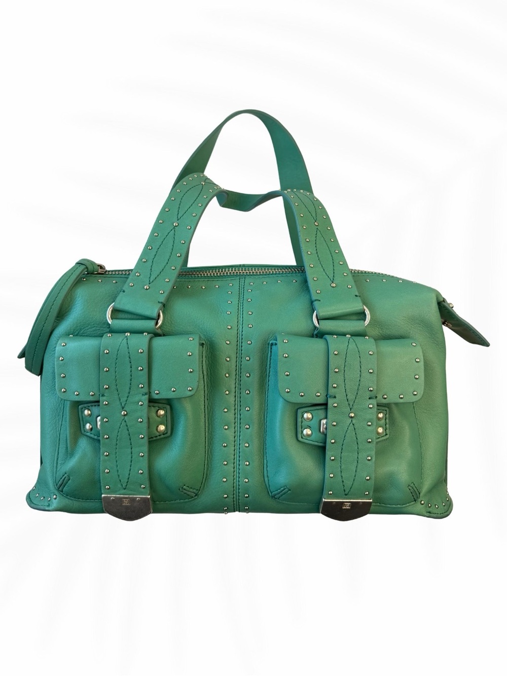 Michael Kors Green Studded Leather Satchel Bag | Y2K Moto Shoulder Handbag